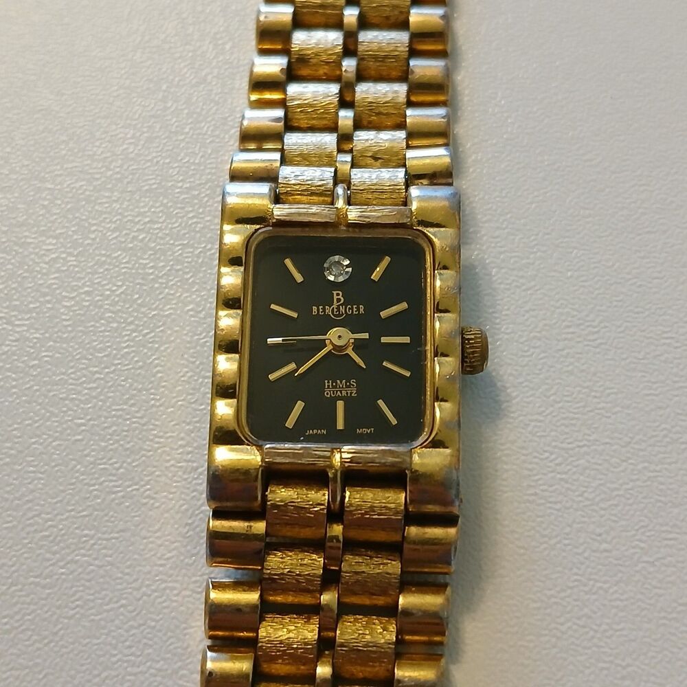 Vintage 90s Berenger HMS Quartz Ladies Watch Gold Tone & Black Dial - 7" Wrist